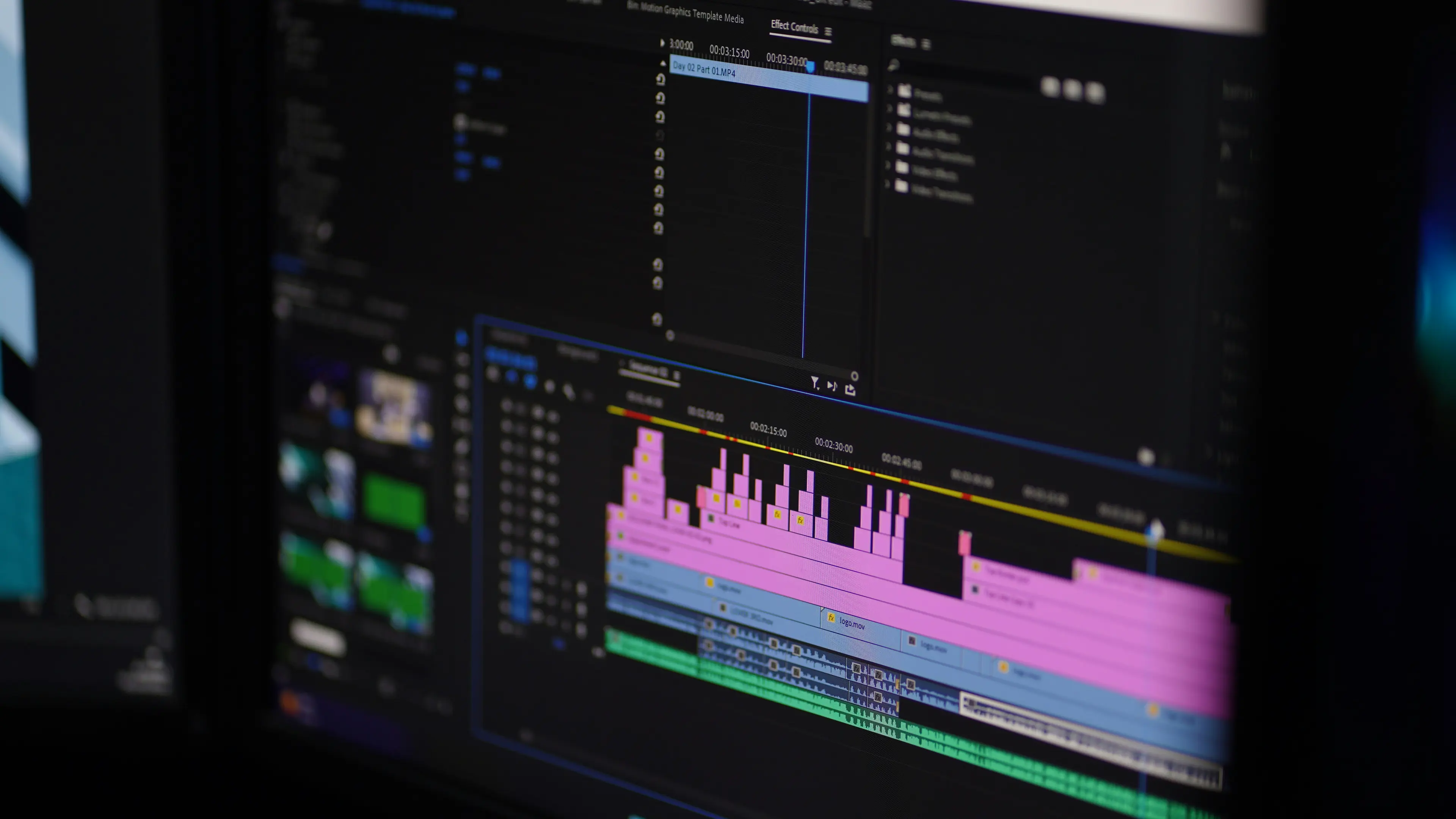 Video editing timeline on a desktop monitor