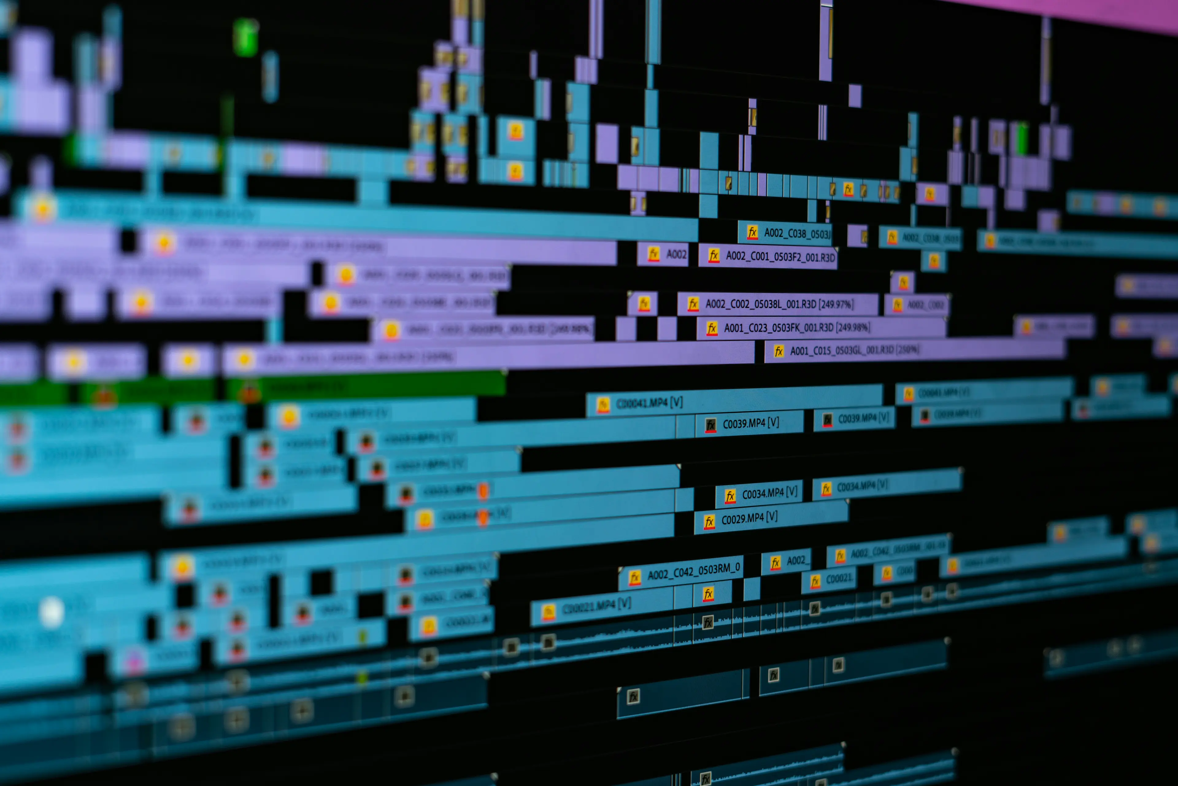 Multicolored video and audio tracks in an editing timeline